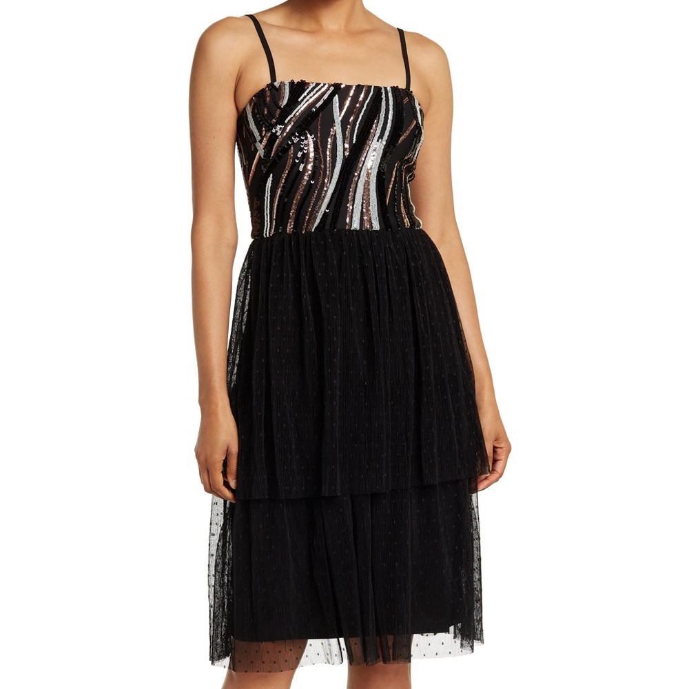 Dress the Population NWT Kady Block Print Sequins Tiered Dress Black Size S